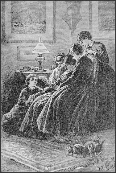 The March sisters gathered around the fire