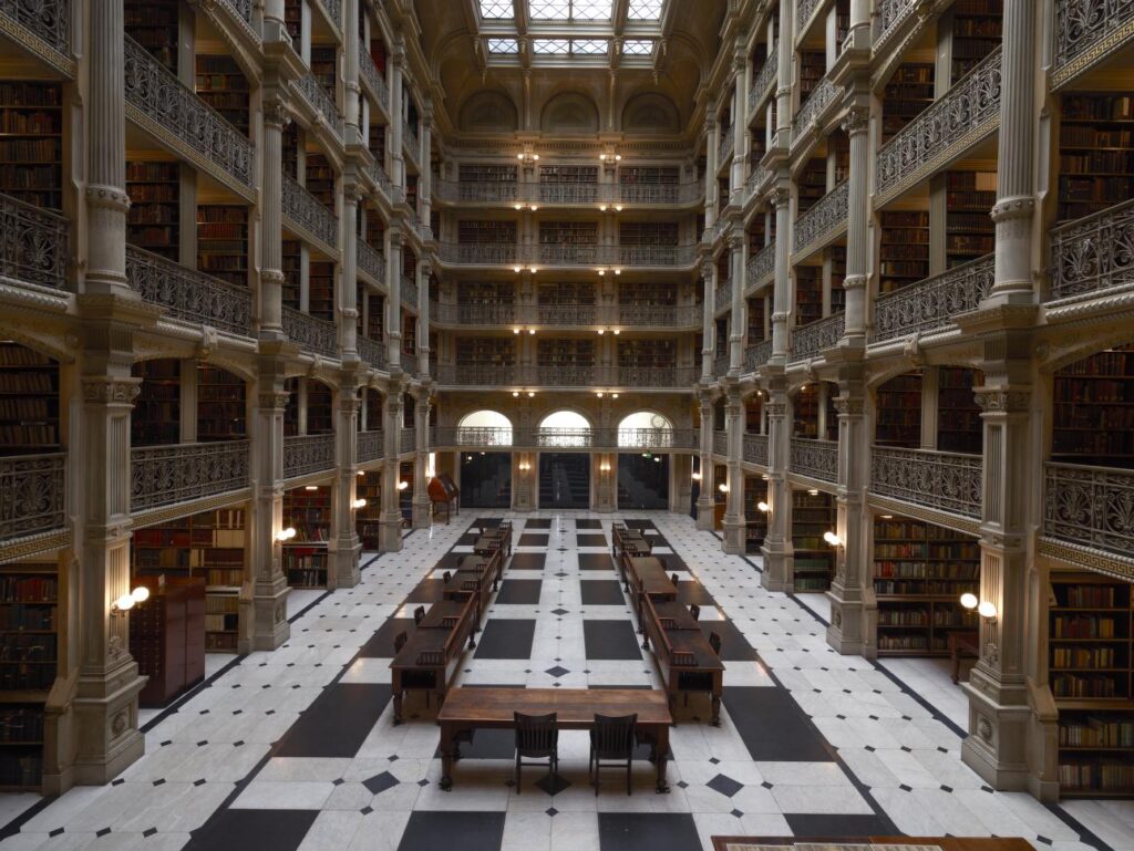 George Peabody Library, formerly the Library of the Peabody Institute of the City of Baltimore, is part of the Johns Hopkins Sheridan Libraries. Baltimore, Maryland