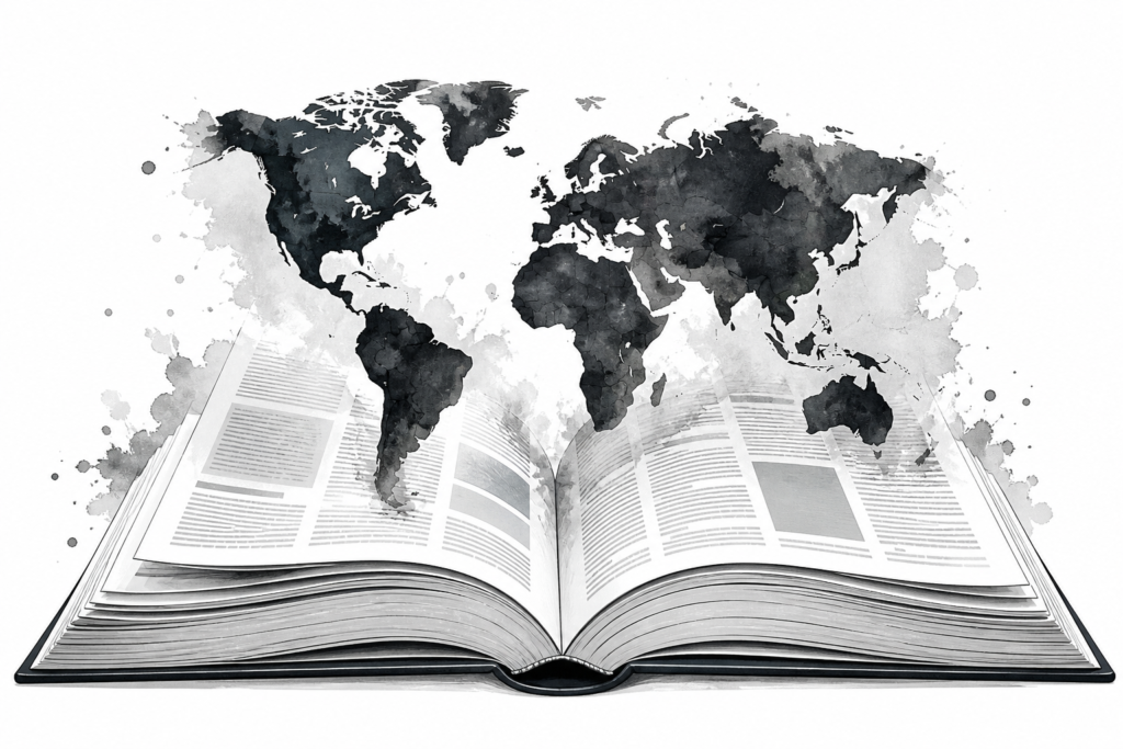 Monochrome editorial illustration for VGN books sample content