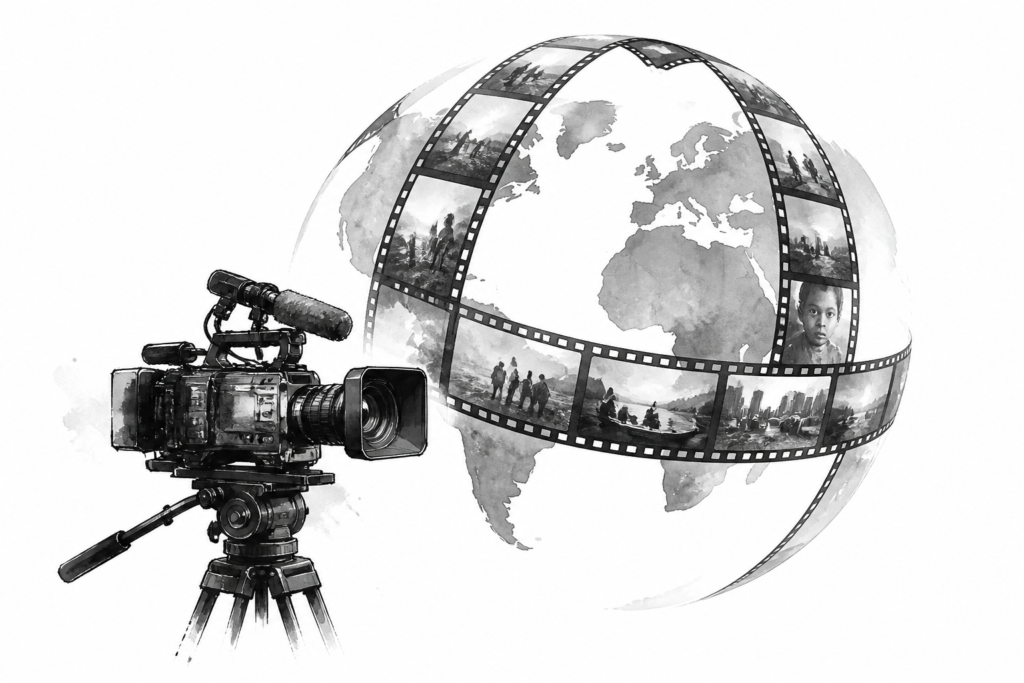 Monochrome editorial illustration for VGN documentaries sample content