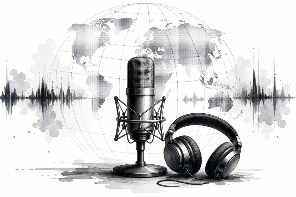 Monochrome editorial illustration for VGN listen sample content